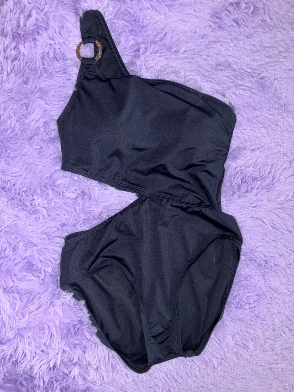 Michael Kors Black Cutout One-Piece Swimsuit with Gold Logo Hardware Ring - Size